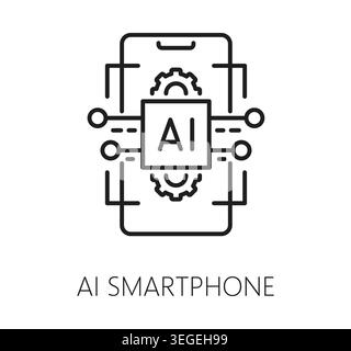 Ai technology smartphone icon with artificial intelligence chip circuit connection. Vector smart mobile device technology, digital interface automation, machine learning, network system outline symbol Stock Vector
