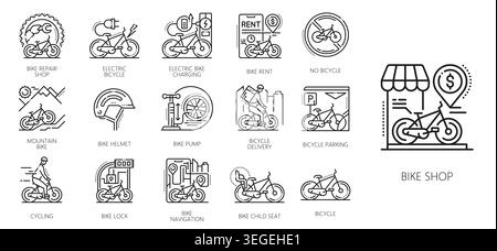Bicycle and bike service line icons with electric bicycles, charging station, rental and parking, helmets, locks and pumps, navigation, child seats, repair shop and city transport Stock Vector