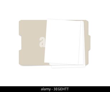 Open file folder with cut tab, realistic mockup. Letter size tabbed manila folder with empty paper sheets, vector template Stock Vector