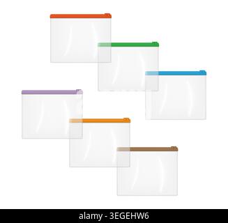 Realistic clear plastic zip envelope bag, vector mockup set. Transparent file jacket, mock-up. Zipper document case, template Stock Vector