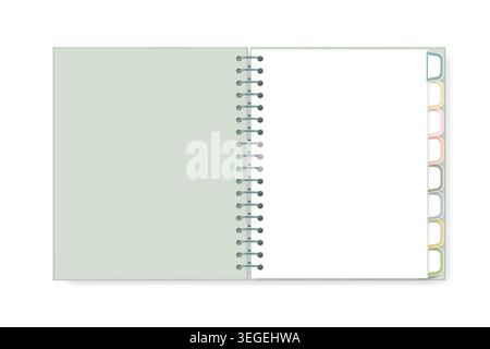 Open spiral notebook with tab dividers isolated on white background, realistic mock-up. Blank wire bound diary with color cover and bookmarks, vector Stock Vector