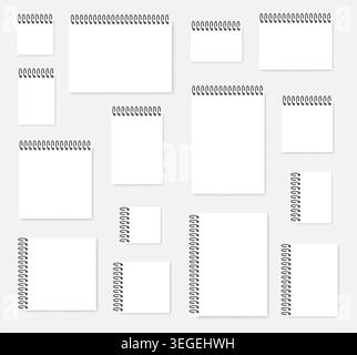 White paper sheet with top and side spiral, vector mock-up set. A4, A5, A6 and square. Blank ring bound calendar or notebook mockup Stock Vector