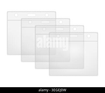 Transparent plastic card holders, vector mock-up. Horizontal vinyl badge sleeve envelope set, template Stock Vector