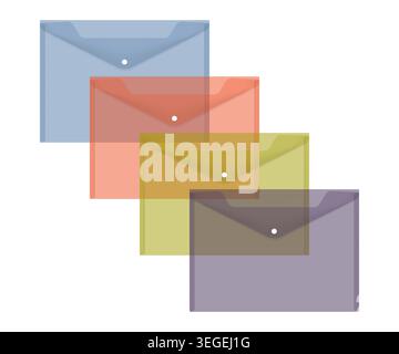 Clear plastic envelope bag with snap button, color vector set. Transparent document holders, realistic illustration Stock Vector