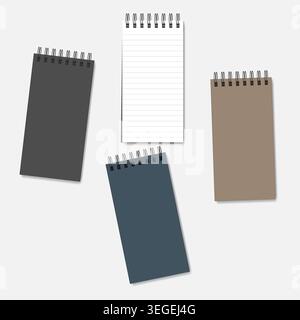 Spiral blank reporter notebook, realistic vector mockup. Wire bound pocket notepad - white lined page and multicolored covers, mock-up Stock Vector
