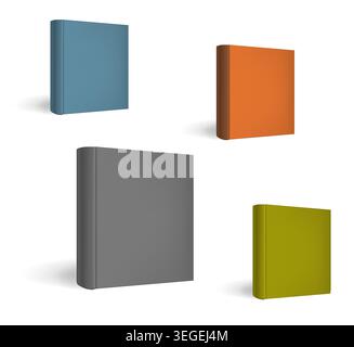 Standing closed square hardcover book perspective, vector mock-up set. Catalog or magazine color front cover, template Stock Vector