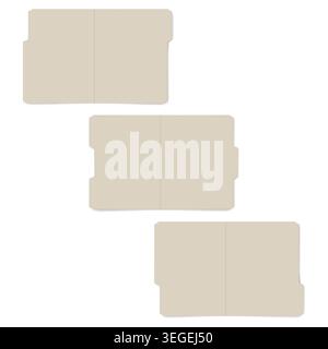 Letter size set of tabbed manila folders, vector template. Open empty file folder with cut tab, realistic mock-up kit Stock Vector