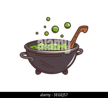 Halloween groovy witch pot with boiling potion sticker or tag. Horror scary retro groovy label, witchcraft season sticker. Halloween creepy patch Stock Vector