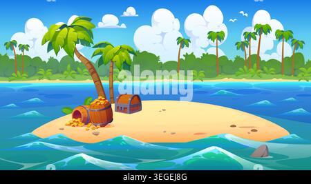 Pirate treasure chests of gold coins on cartoon tropical island at Caribbean sea or ocean waves. Island beach with palm trees and pirate treasure chest and gold in wooden barrels on sand Stock Vector