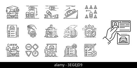 Driving school icons for vehicle drive training and education, vector pictograms. Driving school line icons of car drive test and driver license, parking training and traffic rules exam for road signs Stock Vector