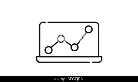 Laptop node chart analytics icon: portable computer with line graph and connection nodes on screen, minimalist black line art vector. Stock Vector