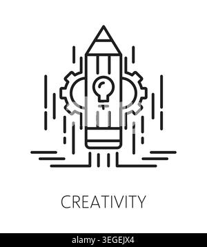 Creativity life skills line icon or sign. Human creativity ability outline vector sign, personality potential pictogram. People quality linear symbol or life skill icon with taking off pencil rocket Stock Vector