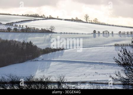 Snow-covered countryside in Shropshire, England Stock Photo