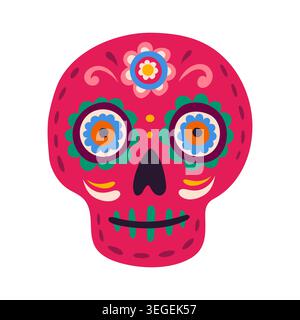 Day of the Dead Mexican red ornate with flowers sugar skull. Day of the Dead skeleton head, Mexican vector decoration. Hispanic culture calavera with flower petal eyes, ornate flourishes folk ornament Stock Vector