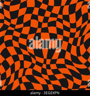 Halloween psychedelic seamless pattern background. October holiday fabric print. Halloween season wrapping paper orange and black checkered background with hypnotic and psychedelic seamless pattern Stock Vector