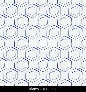 Abstract navy blue hand drawn hexagon seamless vector pattern background. Organic geometric brushstroke shapes on white backdrop. Modern organic Stock Vector
