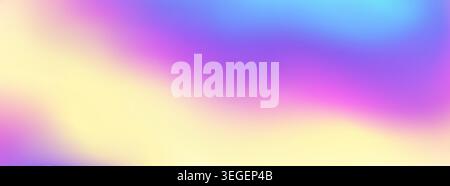 Hologram dreamlike gradient backdrop with smooth color transitions. Holographic foil iridescent background featuring blend flows from purple to pink, yellow and cyan. Abstract surface for web banners Stock Vector