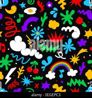 Funky groovy shapes, blob, comic forms seamless pattern. Textile backdrop with groovy abstract forms, funky colorful blobs. Fabric background with geometric shapes, funky seamless pattern or print Stock Vector