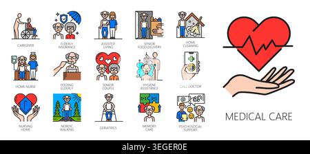 Elderly care service icons of medical care, home nurse, assisted living, psychosocial help, home nurse and call doctor. Vector line senior couple, geriatrics, caregiver and hygiene assistance icons Stock Vector