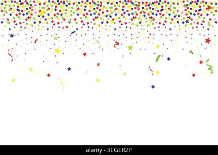Bright party background featuring colorful confetti, stars, and streamers cascading from the top edge with empty space for text or design. Stock Vector