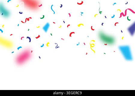 Vibrant confetti and curved streamers in multiple colors scattered over a white background, ideal for celebration, birthday, event, and holiday design Stock Vector