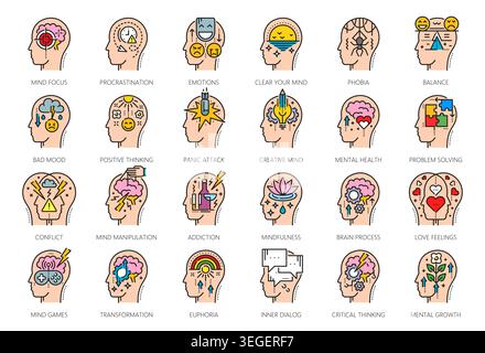 Psychology problem or mental health line vector icons of mindfulness, creativity and positive thinking. Mental health icons of panic attack, conflict, and transformation, balance, and brain process Stock Vector