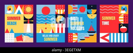 Summer beach, holiday travel and vacation retro posters with geometric pattern. Vintage beach posters with sun, lighthouse and seashells in geometric composition for travel prints or postcards Stock Vector
