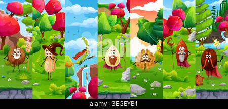Cartoon nut Halloween sorcerer mage or wizard characters collage. Funny vector magical nuts and seeds fairytale personages dressed as magicians with capes, staffs and hats in fantasy forest landscapes Stock Vector