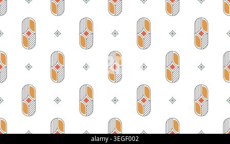 A minimalist retro seamless pattern featuring linear geometric capsules and diamond shapes Stock Vector