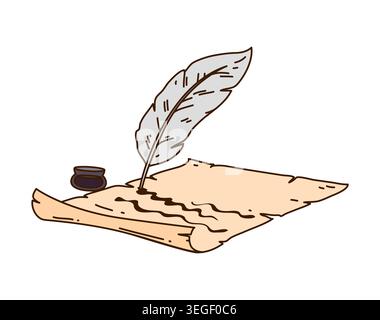 Vibrant cartoon pirate writing set with tall grey feather quill pen, small dark inkwell and weathered rolled parchment scroll. Groovy retro pirate stationery for mobile game and document icons Stock Vector