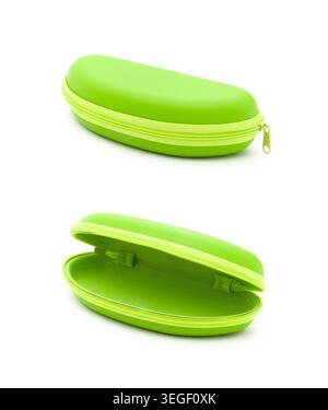 Two views of a bright green zipper glasses case, open and closed, isolated on white background. Ideal for children, sports, and casual eyewear accesso Stock Photo