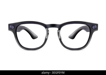 Front view of Smart glasses with camera lenses on the frame, isolated on white background. High-tech wearable device, augmented reality (AR), artifici Stock Photo