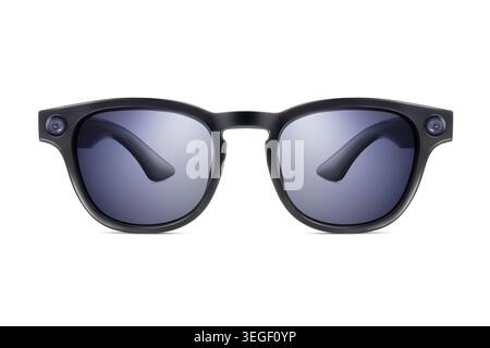 Front view of Smart sunglasses with camera lenses on the frame, isolated on white background. High-tech wearable device, augmented reality (AR), artif Stock Photo