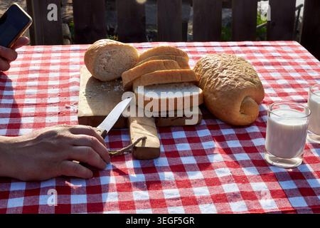 Man Using Smartphone During Rustic Countryside Breakfast Stock Photo