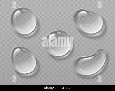 3D water or gel drops set isolated on transparent background. Vector realistic illustration of abstract cosmetic serum droplet top view, liquid skincare product texture, moisture oil or cream bubble Stock Vector