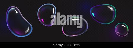 3D soap bubbles set isolated on transparent background. Vector realistic illustration of abstract water spheres floating in air, light reflection on glossy iridescent surface, washing detergent foam Stock Vector
