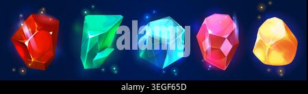 Game crystal gem collection with magic precious diamond gemstones in vibrant colors - glowing jewel stones on dark background. Fantasy treasure assets for rpg ui, mobile puzzle or match 3 games. Stock Vector