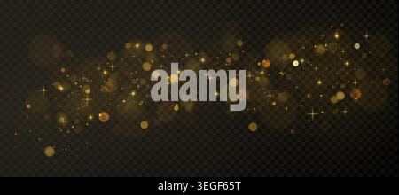 Gold dust particles with glowing bokeh light effects on dark transparent background. Festive golden confetti and shimmering stars with magical atmosphere, warm xmas flare and sparkle elements. Stock Vector