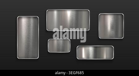 Metal tag collection with brushed steel texture on black background. Realistic 3D plates of chrome borders in rectangular and square shapes with metallic finish for badge design and tag mockup. Stock Vector
