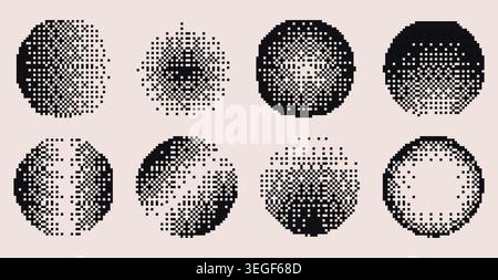 Round halftone gradient shapes set isolated on background. Vector illustration of abstract circles with black dot texture, grainy dither effect, 8-bit arcade game planet design, grunge poster element Stock Vector