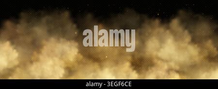 Sand dust cloud with flying particles on transparent background. Desert storm with brown smoke and dirt explosion effect. Realistic sandstorm overlay with powder and wind blown soil for dynamic impact Stock Vector