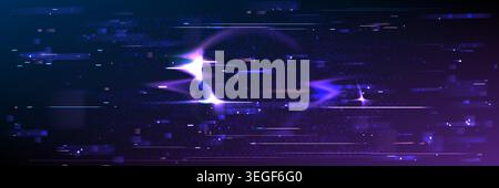 Pixel art glitch texture with digital noise overlay on screen - purple and blue distorted background with static interference. Abstract pixelated pattern with horizontal lines and cyberpunk aesthetic. Stock Vector
