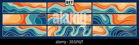 Pack with nine blue and yellow groovy banners. Stock Vector