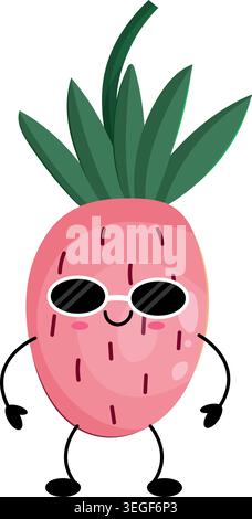 Adorable pink wild strawberry character with leafy crown and cool sunglasses Stock Vector