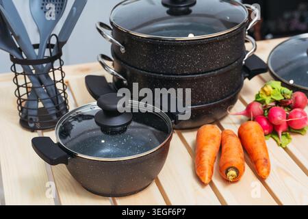 Rustic Kitchen Display. Farmhouse Inspired Arrangement Of Vegetables And Kitchenware On Table Stock Photo