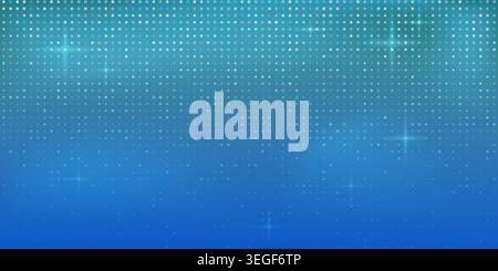 Blue pixel bg with glowing tech pattern and scattered squares. Digital bitmap texture with futuristic grid and halftone. Abstract mosaic background with gradient colors, shimmering light spots Stock Vector