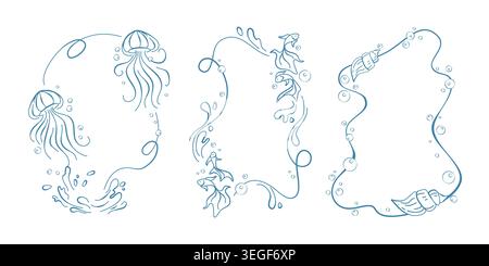 Sea life doodle frames set isolated on white background. Vector illustration of blue line borders with jellyfish, spiral shell, elegant decoration for aquarium, resort banner, seafood restaurant menu Stock Vector