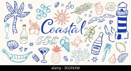 Hand drawn coastal icons include lighthouse, palm, shell, and cocktail Stock Vector