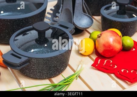 Rustic Dish With Fresh Produce. Wooden Board Presenting Vibrant Fruit In Rustic Stoneware Setup Stock Photo