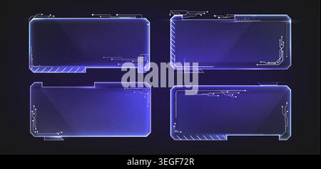 Futuristic HUD frames set for user interface design. Vector realistic illustration of neon blue rectangle borders for AI technology ui, digital data display, cyberpunk holographic computer screen Stock Vector